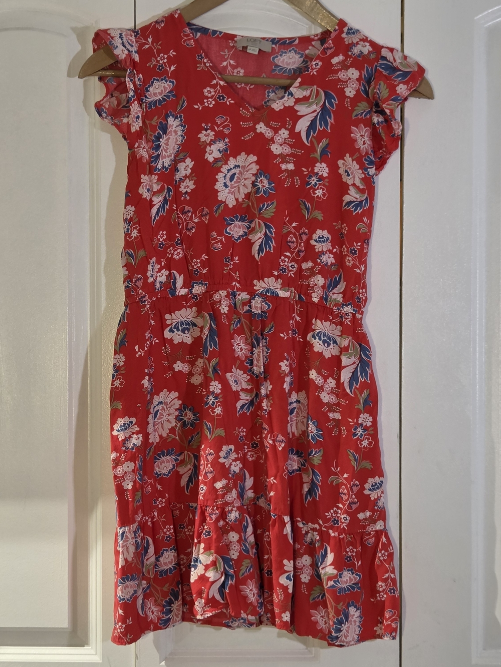 LOFT Women's Dress MP Red Floral Smocked Tiered Cottagecore Summer Flowy
